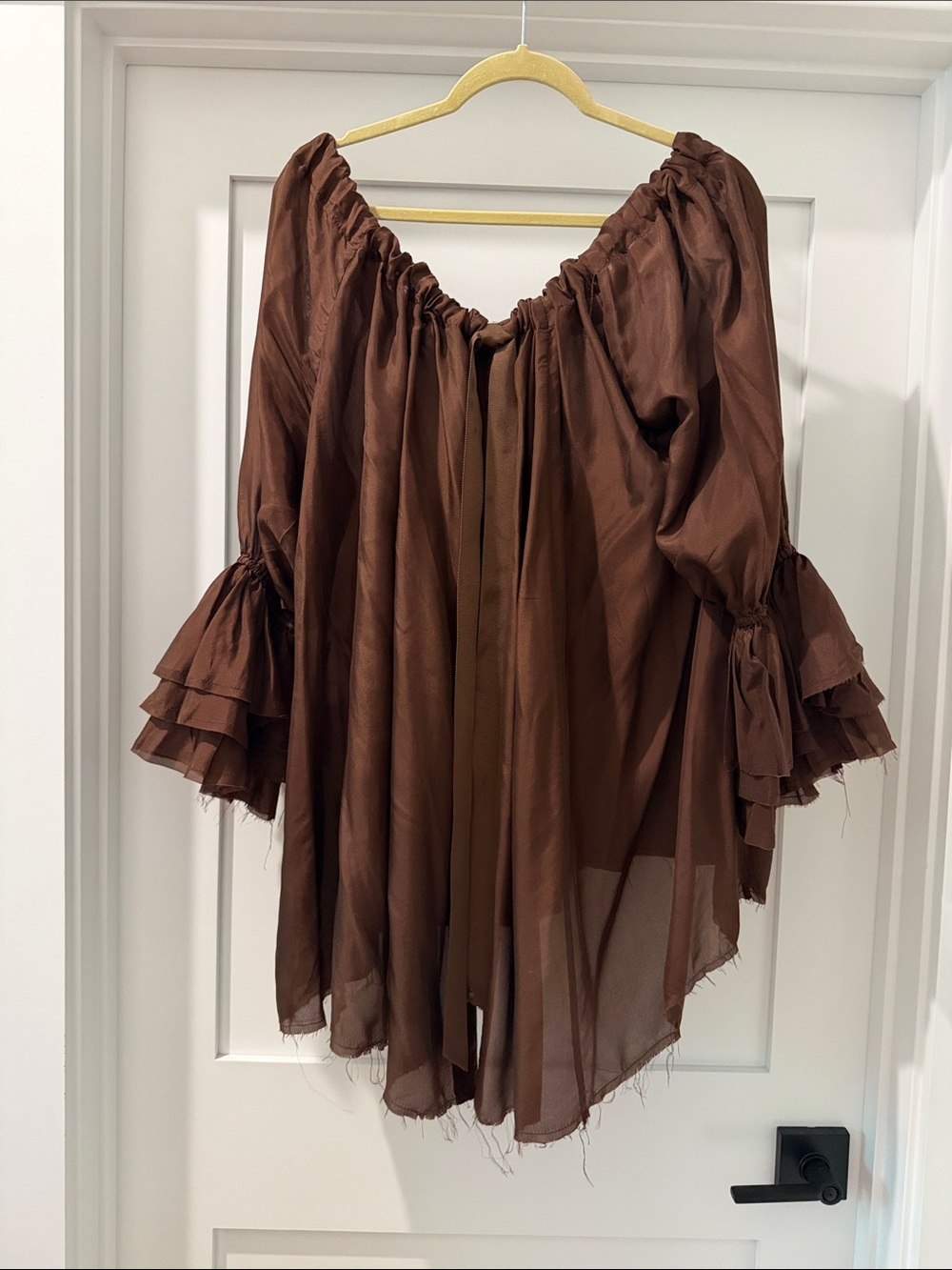 Amano by Lorena Laing brown silk Peasant Blouse with Ribbon Tie